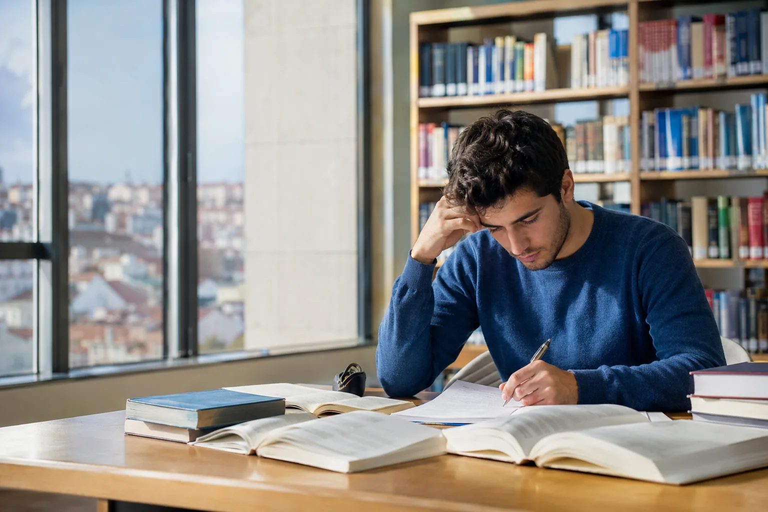 Estudante prepara um exame importante em Portugal